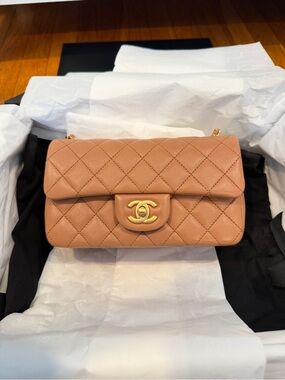 brand new full set Chanel mini pearlcrush Classic Flap Bag in dark beige/brown